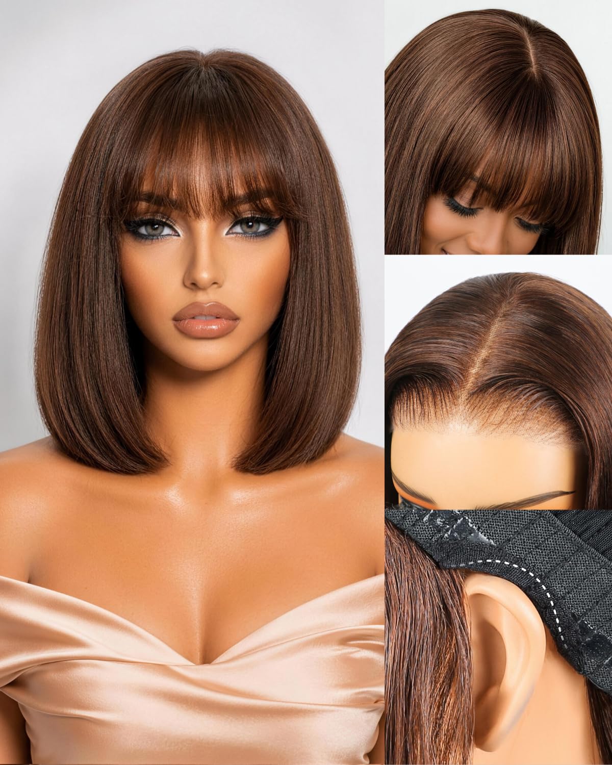 Arabella Bob Wig Human Hair 6x6 Bob Wig with Bangs 10inch Brown Bob Wig