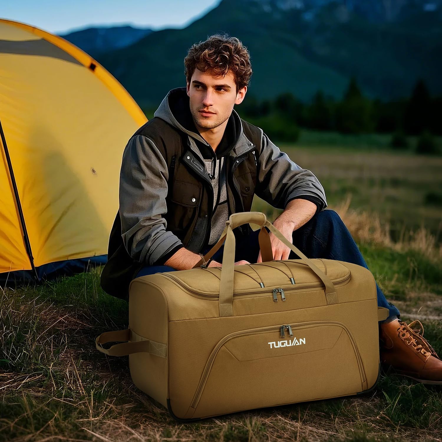 TUGUAN Bolsa de Viaje Plegable con Ruedas Grande 110L Bolsas de Equipo Deporte con Ruedas XL 28'' para Futbol Baloncesto Maletas de Viajes Camping Duffle Bag, Marrón