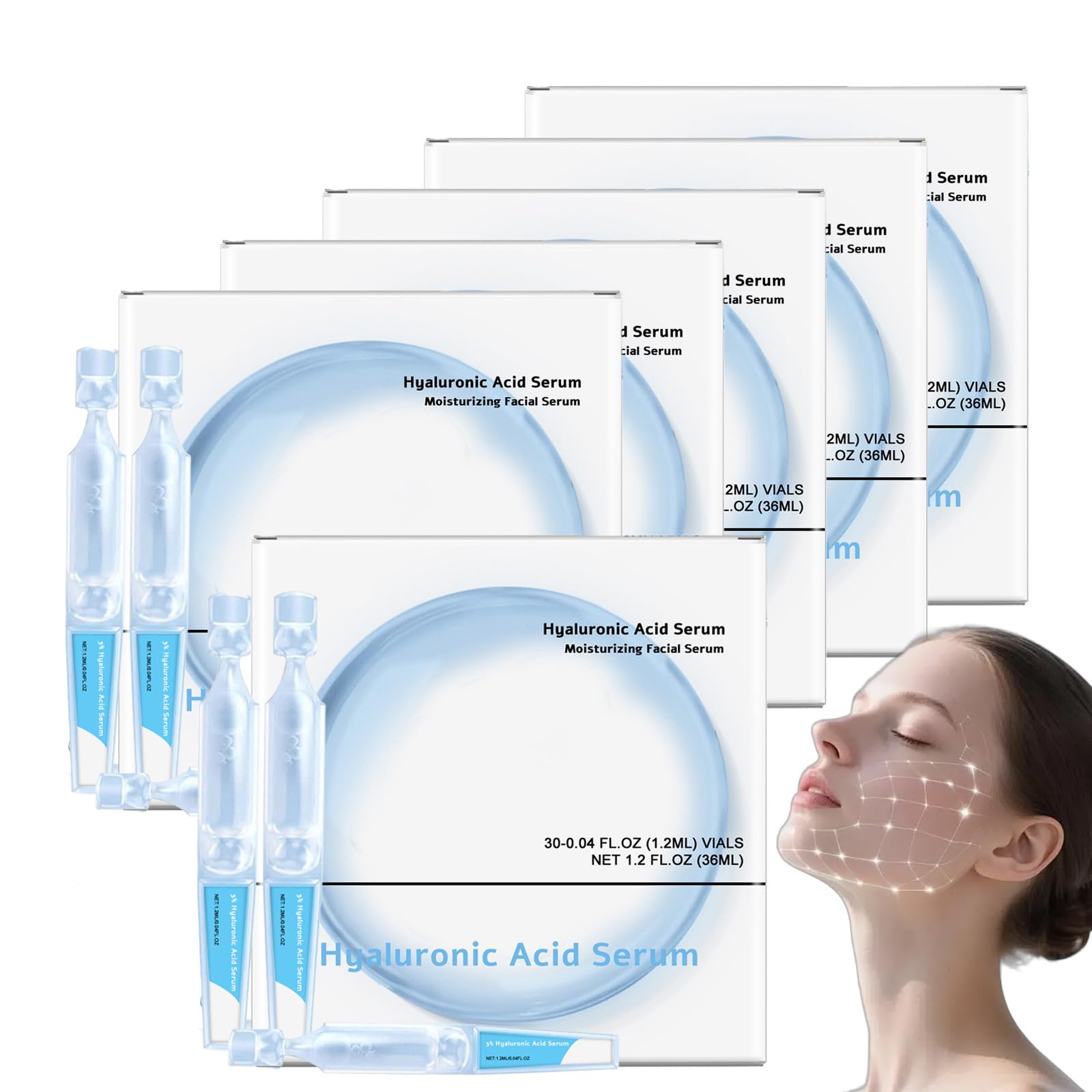 30 fiale di siero di acido ialuronico sterile, 1,2 ml, 3% 4D HA, tubetti di siero per il viso, idratante per pelle secca e sensibile, siero anti-invecchiamento con collagene (6B)