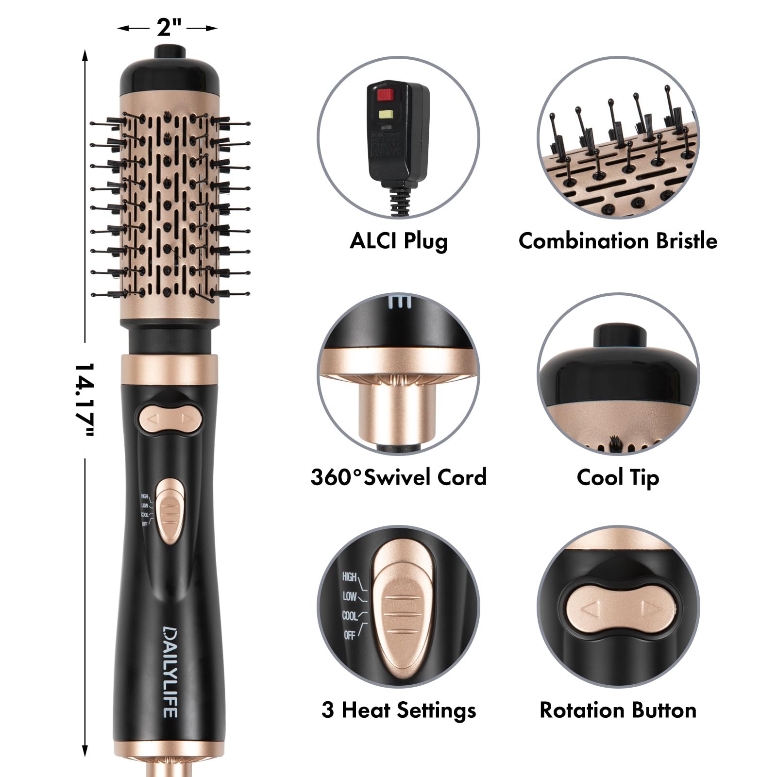 DAILYLIFE Rotating Hair Dryer Brush, Hot Air Brush with 2 Brushes (1.5" & 2"), Negative Ionic Technology Blow Volumizer, Black/Gold