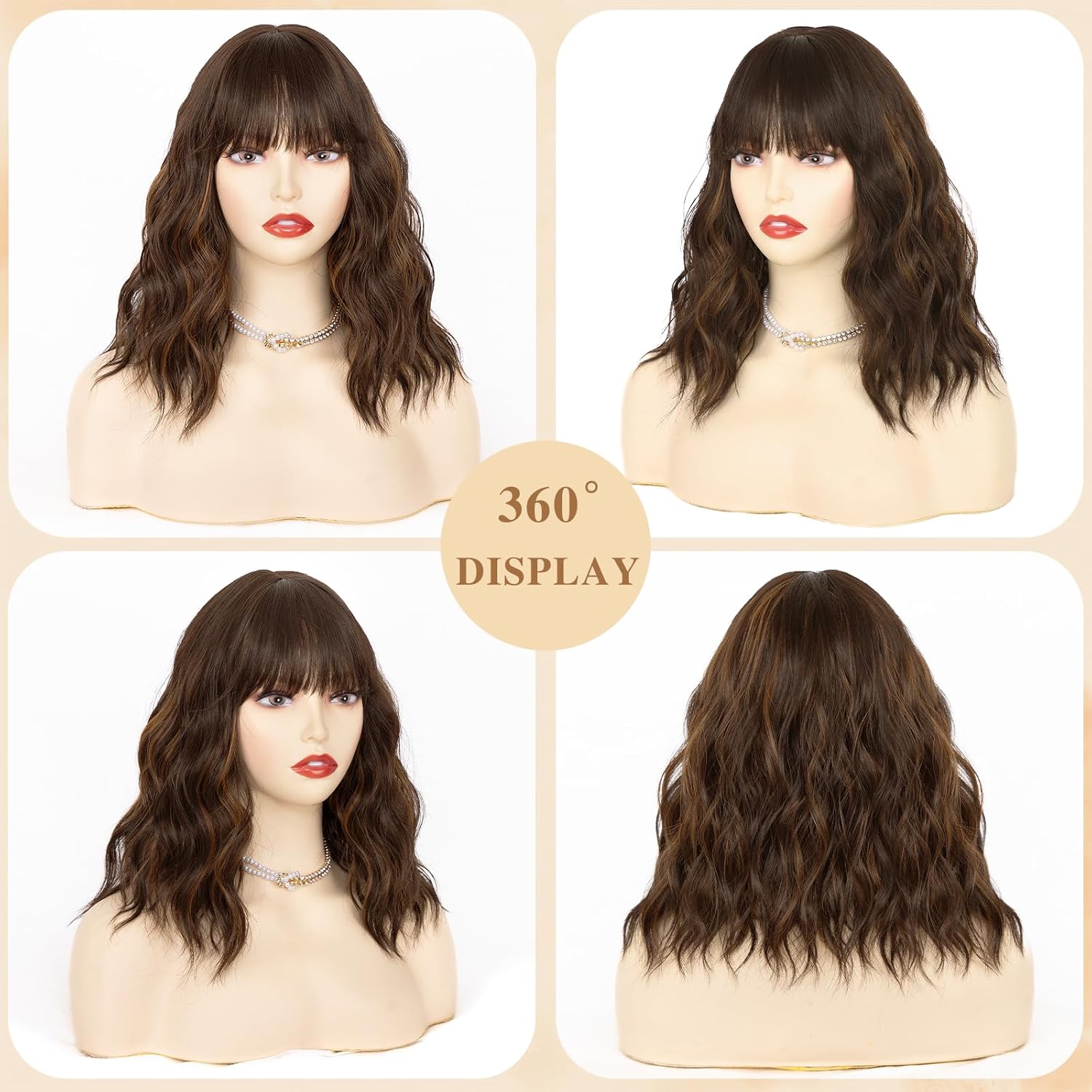 NAYOO Dark Brown Highlight Wig with Bangs, 14 Inch Bob Wig with Bangs for Women, Shoulder Length Short Wig, Glueless Short Wig, Synthetic Hair Wig Cosplay Wig Girls Cosume Wigs