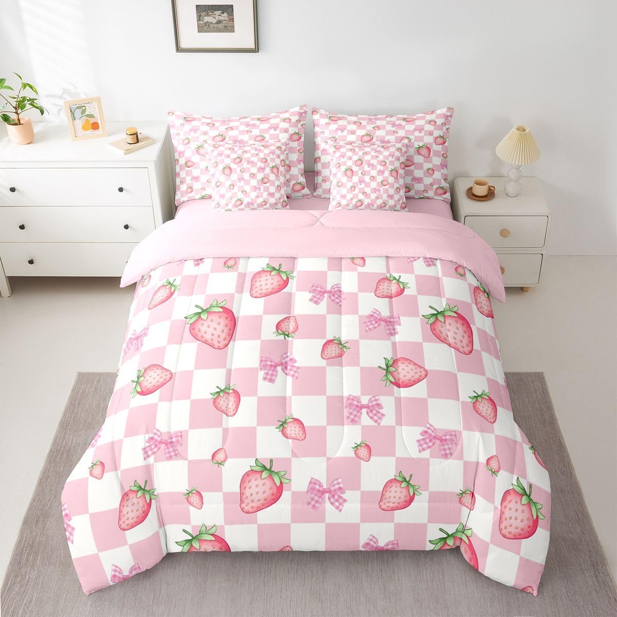 Erosebridal Pink White Girls Bow Checkered Strawberry Full Comforter Set 7 Pieces | Fruits Kawaii Bed in A Bag for Bedroom Plaid Cute Bowknot Bedding Set with Comforters Women Kids Room Decor image 2
