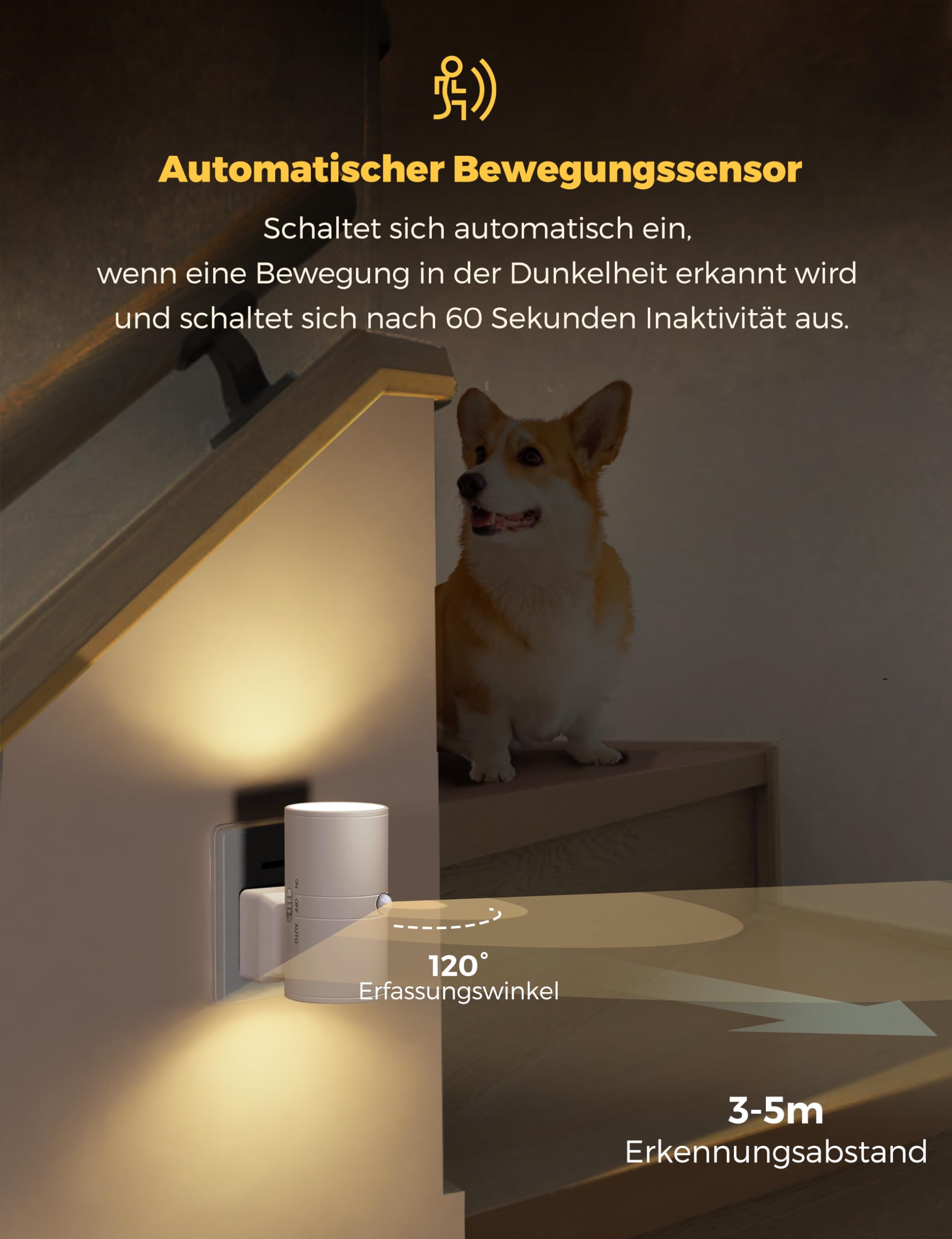 LOHAS-LED luce notturna sensore movimento, 1 pezzo, luce notturna da presa con 3 modalità (ON/AUTO/OFF), bianco caldo 3000K, luminosità regolabile 0-100LM per corridoio, cucina, bagno, camera da letto