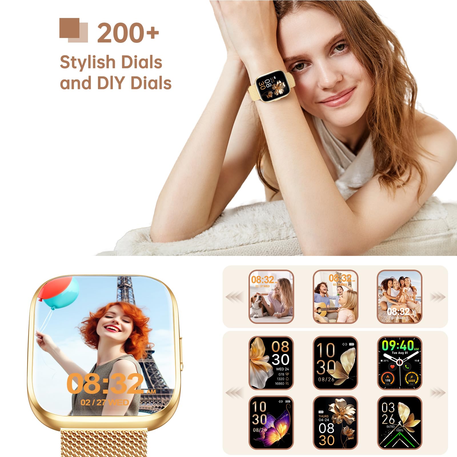 Smartwatch Donna, 1,91" HD Orologio Smartwatch Donna con Chiamate Bluetooth, 120+ Modalità Sport, Monitoraggio Salute 24/7, Impermeabile IP68, Fitness Tracker Compatibile con Android e iOS, Oro