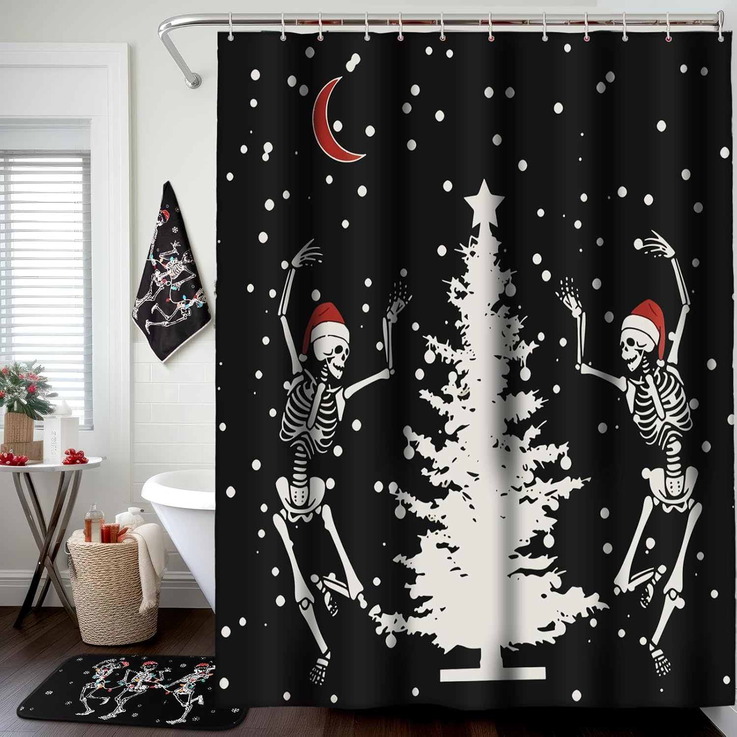 Newwiee 7 Pcs Christmas Bathroom Set Xmas Shower Curtain Decor Shower Curtain Non Slip Rugs and Kitchen Towels 3 Bathroom Decor Accessories for Christmas Holiday(Skeleton)