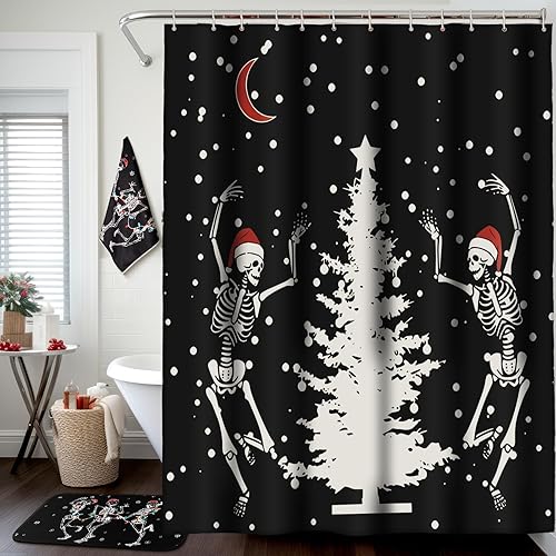 Miniatura 6 de Newwiee Juego de 7 piezas de cortina de ducha de Navidad, cortina de ducha antideslizante, alfombras y toallas de cocina, 3 accesorios de decoración