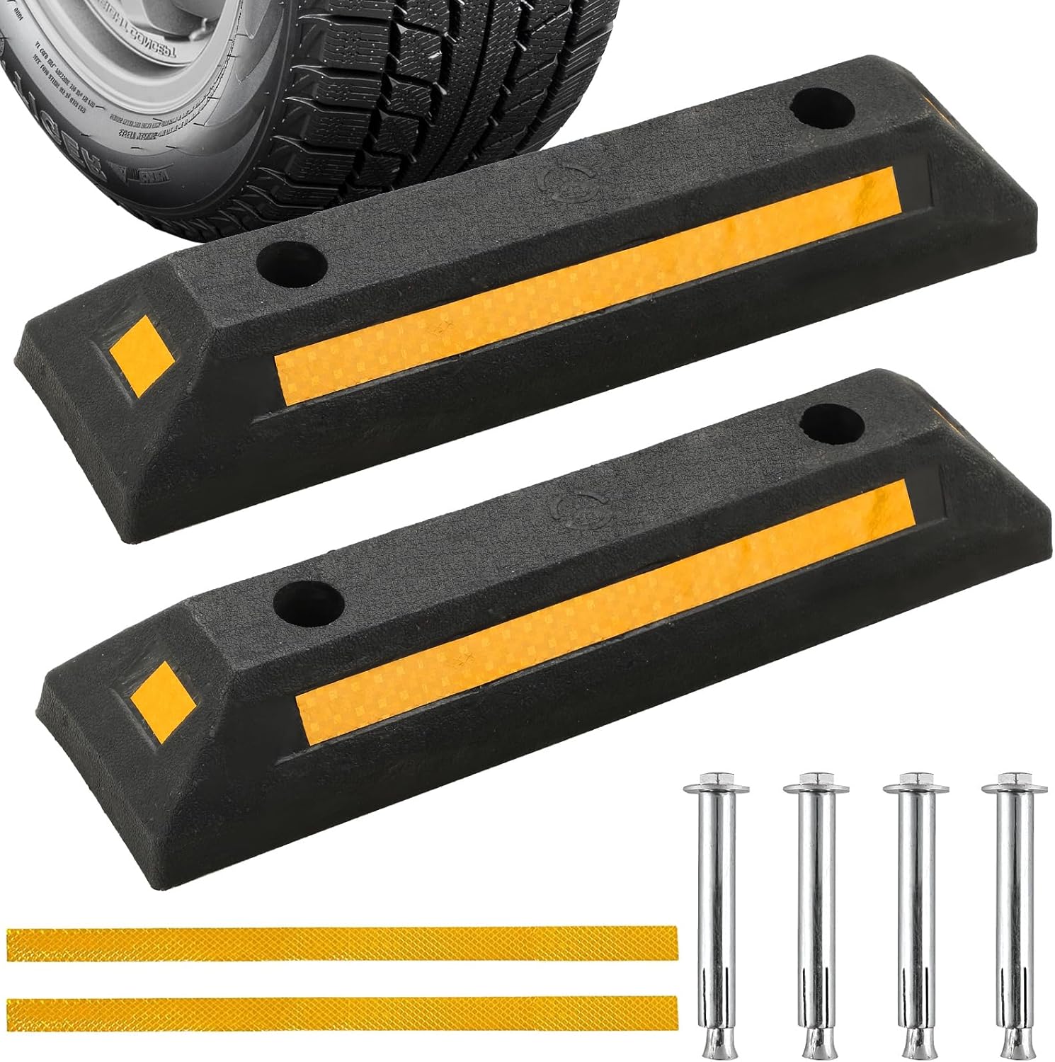 NYXOVA Rubber Parking Curb, Garage Floor Stops 2 Pack, Heavy Duty Wheel Stop Stoppers Vehicle Parking Guide Block with Yellow Reflective Stripes for Car, Truck, RV, Trailer, and Garage