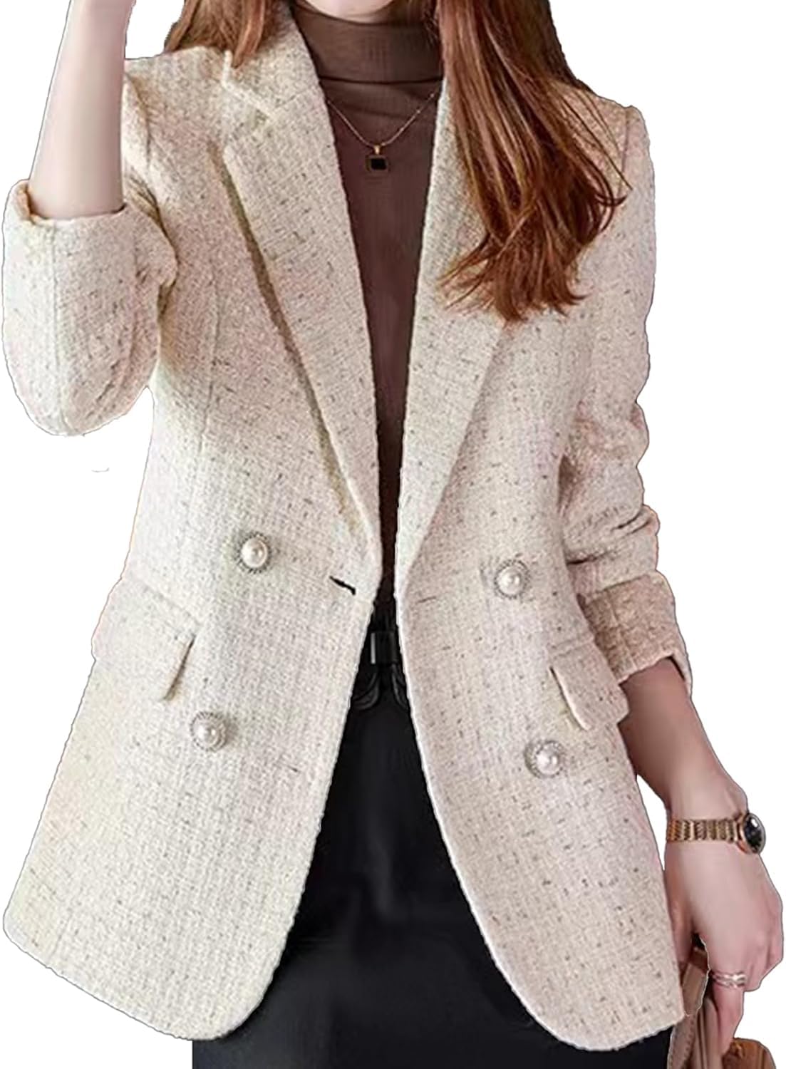 Blazer da Donna in Tweed Moda Girocollo Classico Doppio Petto Abbottonatura Ufficio Business Casual Blazer Manica Lunga Cappotto Sottile