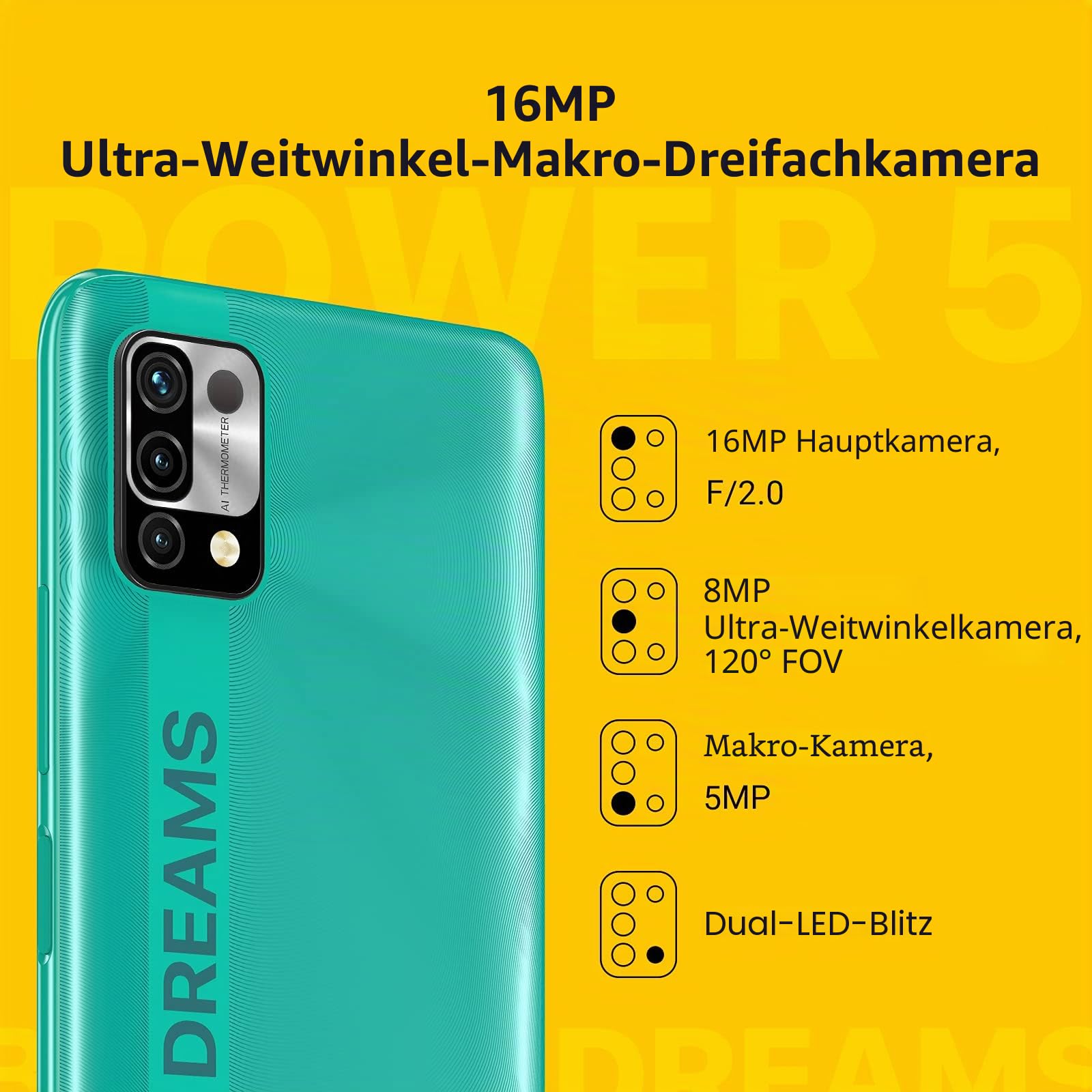 UMIDIGI Smartphone Ohne Vertrag,3GB+64GB Handy Günstig,5000mAh Akku,Android Handy ohne vertrag,6,53" HD+ Display,Octa Core,16MP+8MP,3-Kartenfächer,Dual SIM 4G Handys/OTG(Grün)