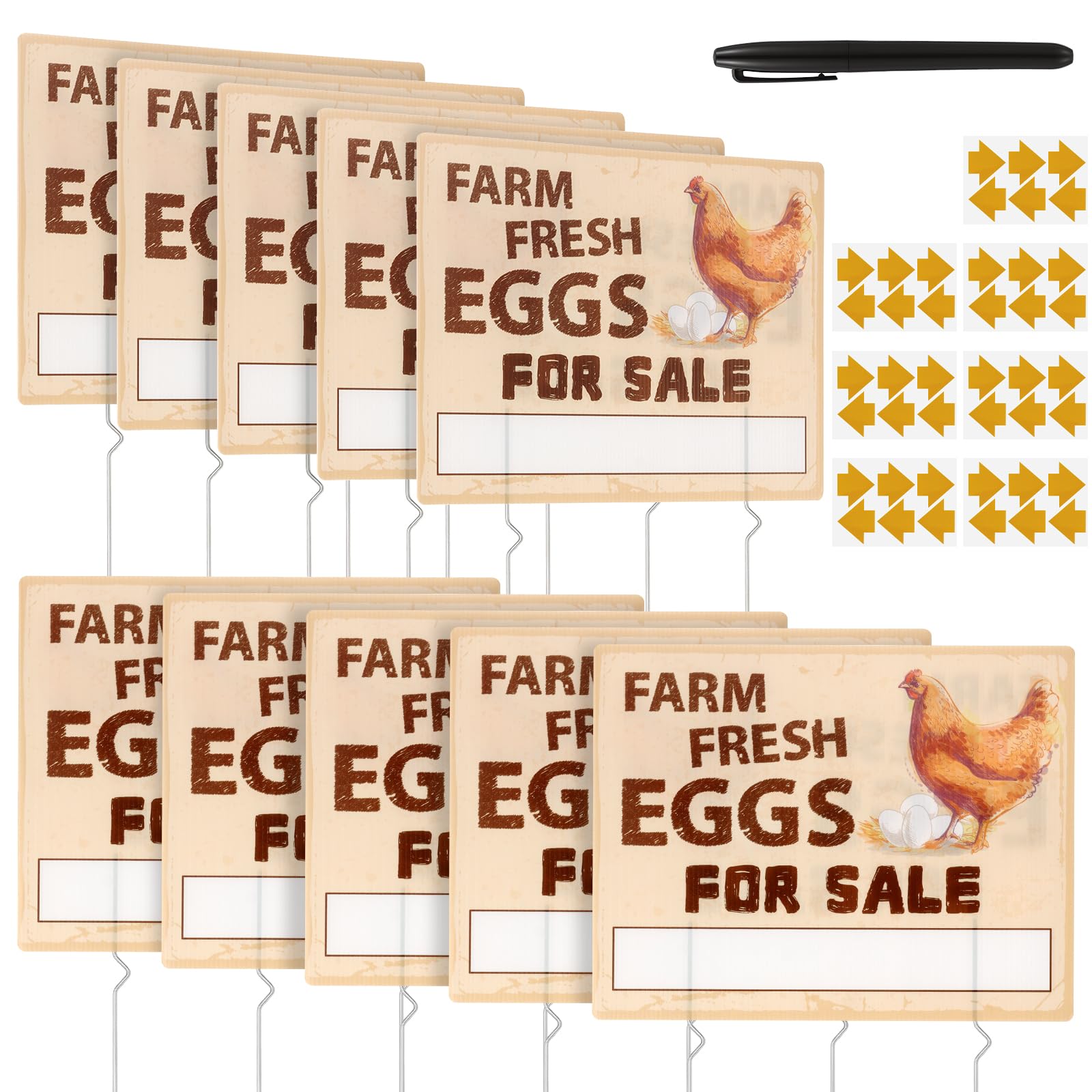 Fresh Egg Sign for Farms, Waterproof Fresh Egg Sign Stake, Eggs for Retail Signs, Signs Chicken Coop Decor, 36.5x28.5cm with Marker Pen Arrow Stickers Weatherproof for Outdoor Yard(10Pcs)