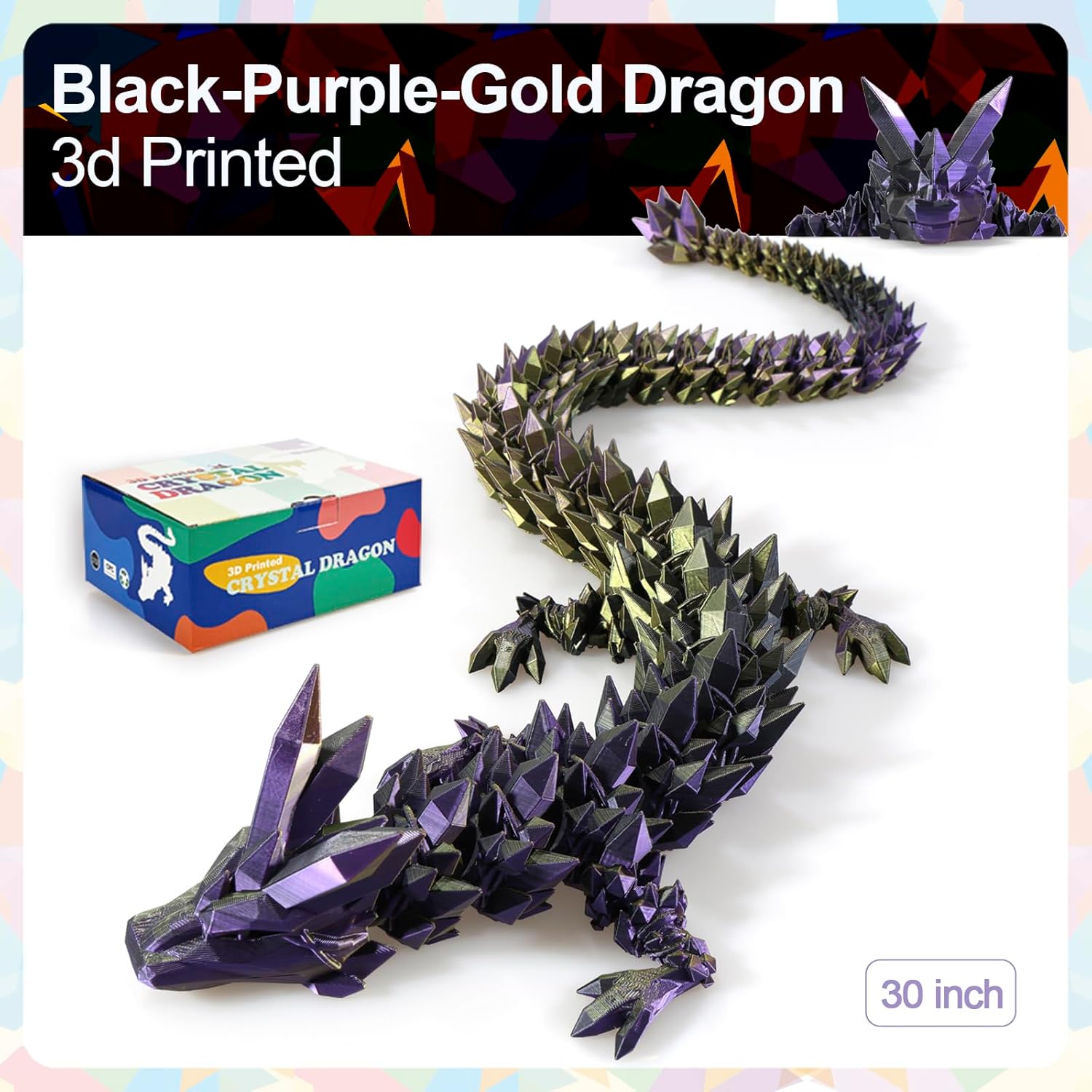 30”3D Printed Dragon Large 3D Dragon-Bigger Fidget Toy Gift for Kids, Boys, Girls & Adults,Cool Giant Crystal 3-D Printed Animals Desk Decor, Easter Basket Essentials