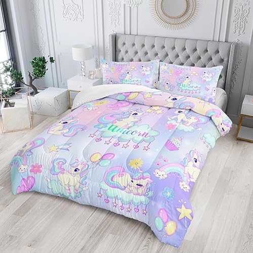 Miniatura 2 de Juego de edredón de unicornio para niños, tamaño individual, 3 piezas, diseño de nube blanca, estrellas, amor, corazón, juego de ropa de cama para