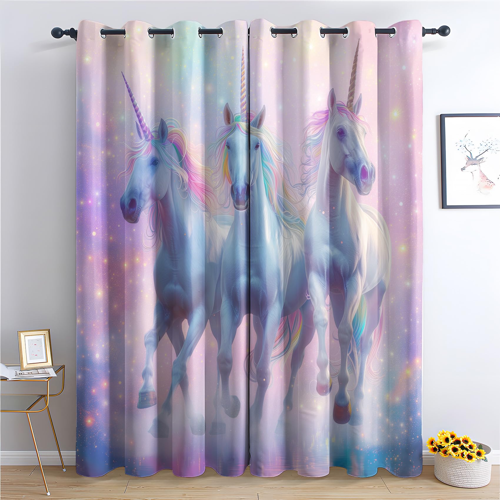 Unicorn Bedroom Curtains Blackout - Girls Pastel Rainbow Princess Galaxy Living Room Curtains 90x108 Eyelet - Soft Thermal Insulated Patterned Drapes for Windows - 2 Panels