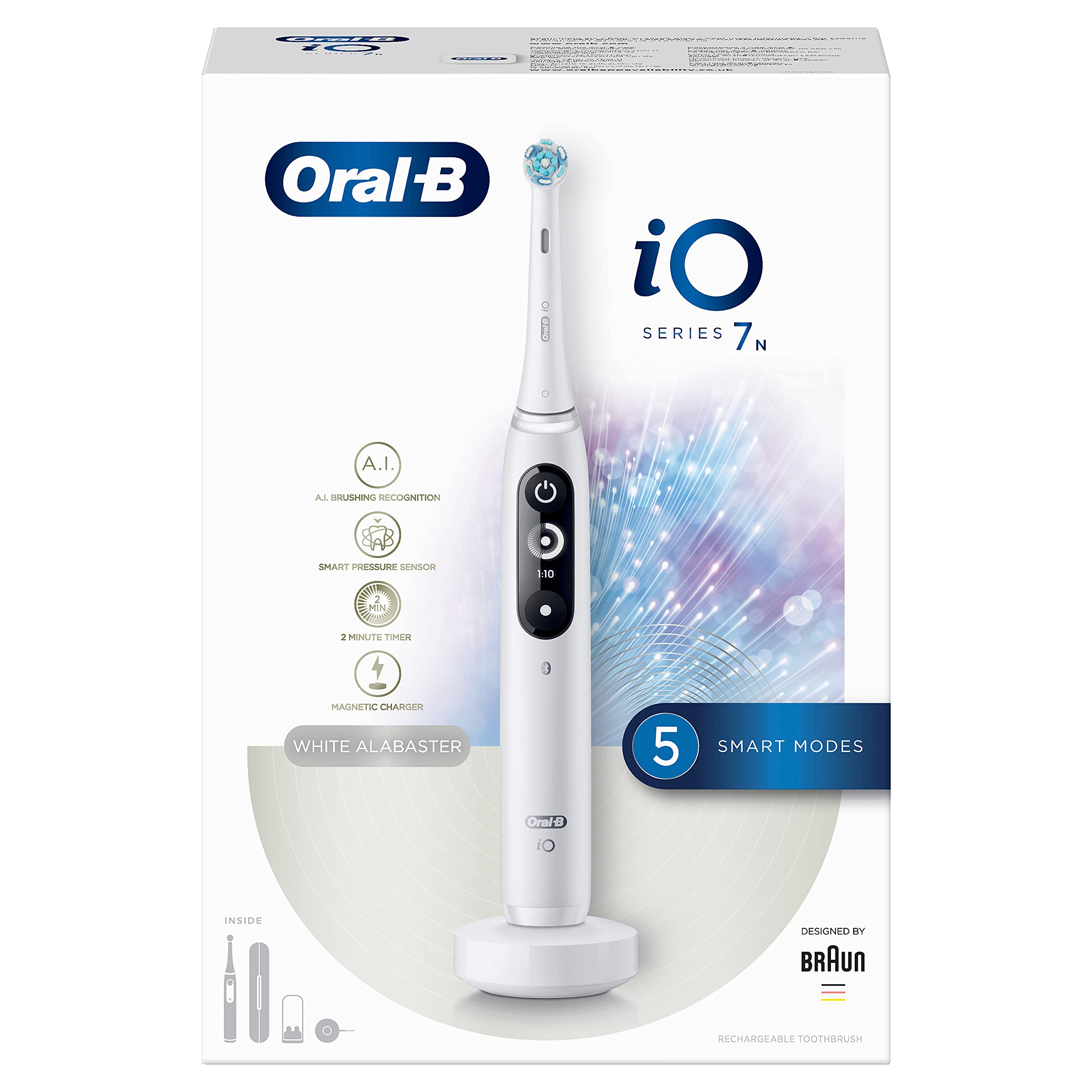 Oral-B iO 7n Cepillo Eléctrico Recargable Tecnología De Braun, 1 Mango Blanco Con Diseño De Alta Gama Y Tecnología Magnética, Pantalla En Blanco Y Negro, 1 Cabezal Recambio, 1 Funda De Viaje Premium