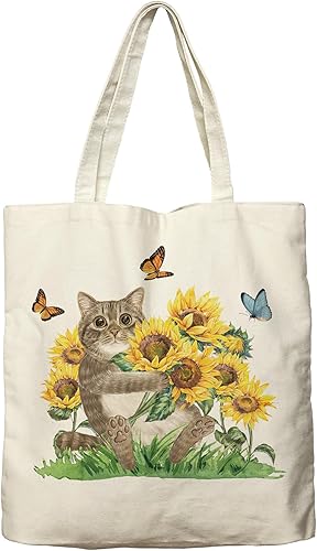 Dlzdn Bolsa de lona con diseño de girasoles de gato para mujeres, estética, divertida, bolsa de compras para gatos, bolsa de playa, regalos para