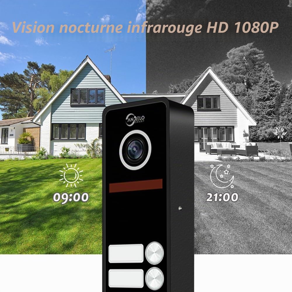 Interphone vidéo 1080p (filaire), sonnette 3 familles, écran tactile 7", support de déverrouillage, interphone bidirectionnel, détection de mouvement (noir)