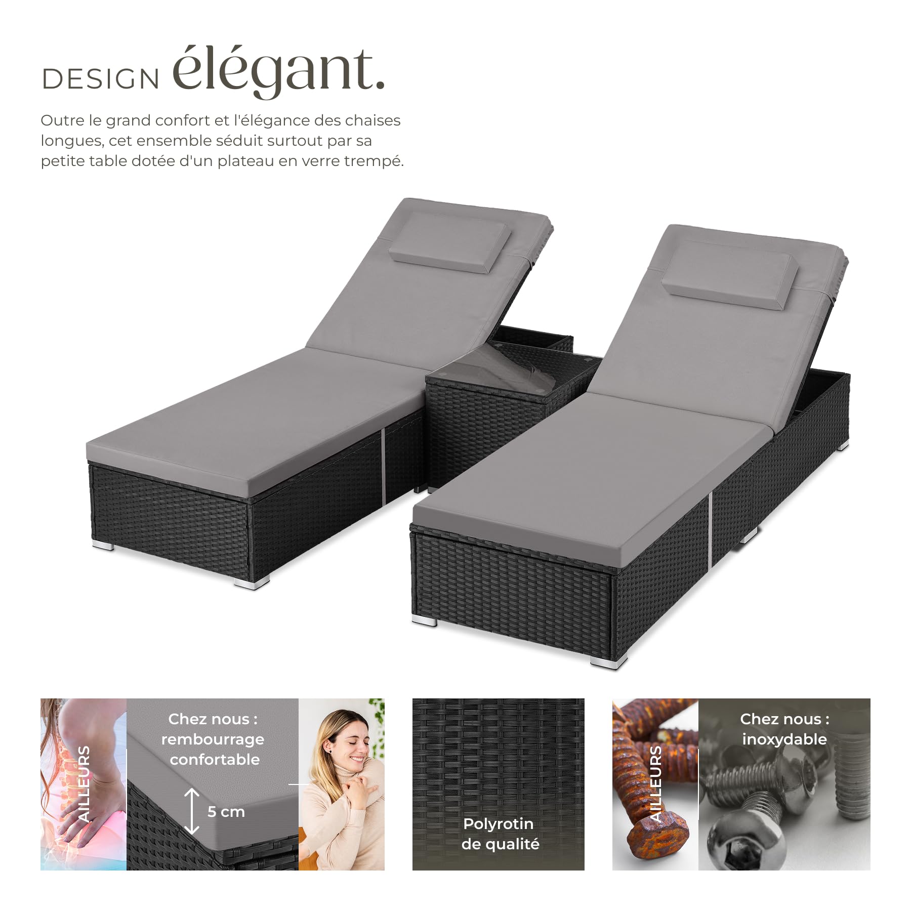 tectake® Chaise longue double en rotin 62x196x36 cm, Table d'appoint incluse, Transat Jardin Exterieur réglable 6 positions, Résistant aux UV et Intempéries, Bain de Soleil Max. 200kg, Jardin, Piscine