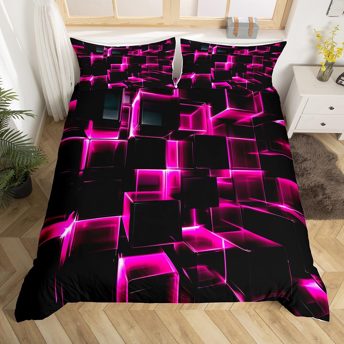 Homewish Honeycomb Square Duvet Cover For Kids Girls 3D Geometric Square Bedding Double, Pink Black Neon Lights Bedding Sets, Gradient Print Bed Cover With 2 Pillow Cases — image 1