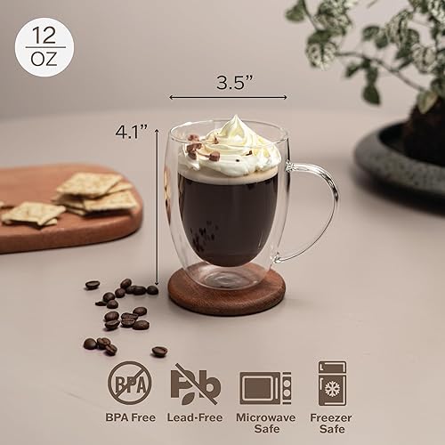 Miniatura 4 de POWERLIX Paquete de 2 tazas de café transparentes de doble pared de 12 onzas con asa, aislamiento de vidrio de doble pared, tazas de vidrio
