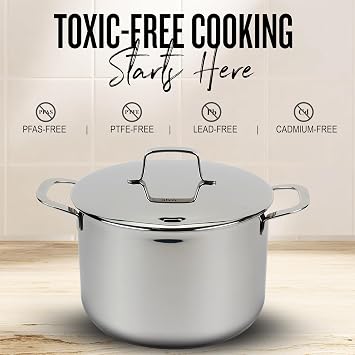 Alva Maestro 8QT 5-Ply Clad Stainless Steel Stock Pot with Lid Induction & Oven Safe to 500F, Laser Measurement Marks, No PFAS/PFOA/PTFE, Mirror Finish, Heavy-Duty, Even Heat Distribution