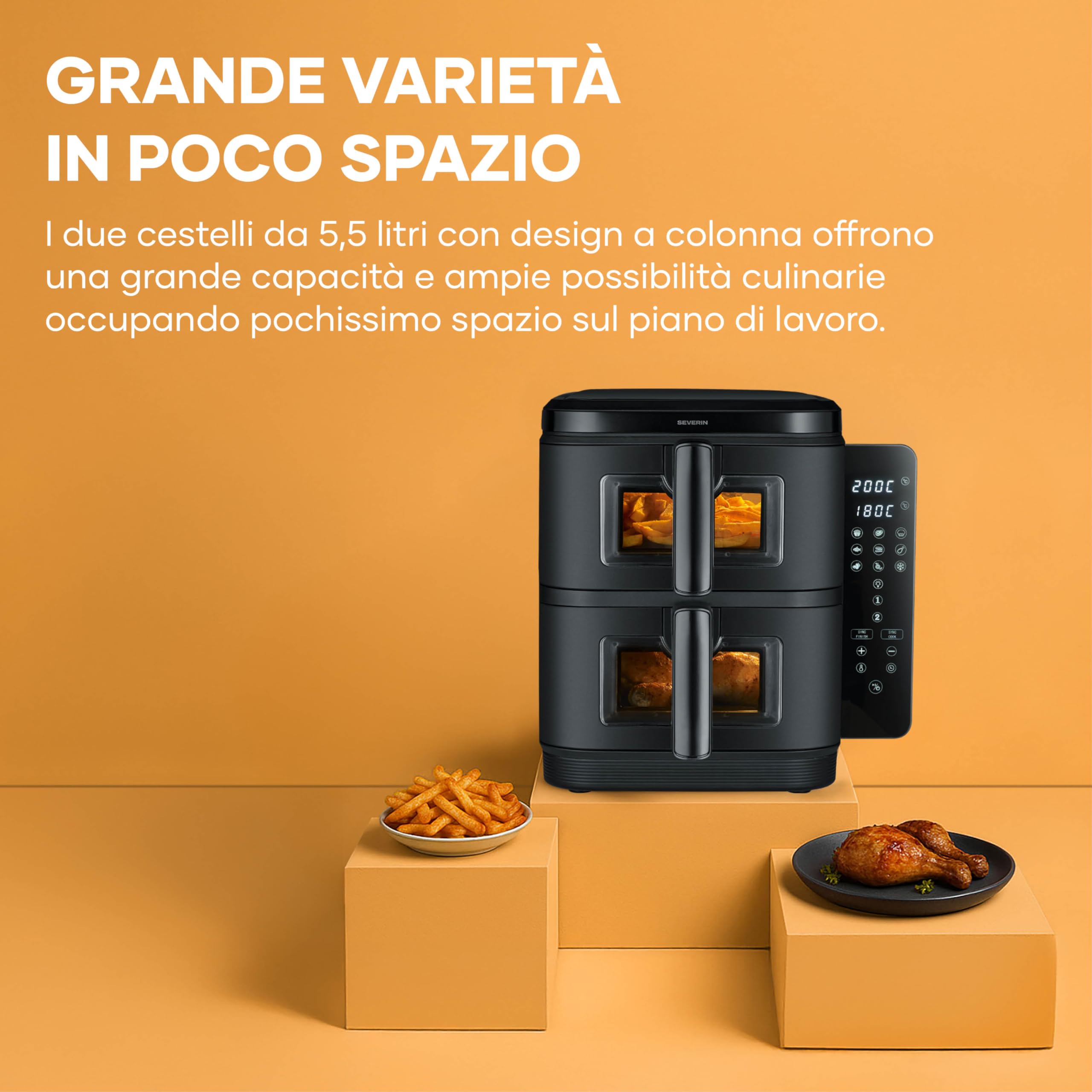 SEVERIN Friggitrice ad Aria Calda Duo Stack, 2800 W, Capacità 11 L (2x 5,5 L), Salvaspazio Verticale, 9 Programmi Automatici, Sync Cook e Finish, S-Fry, Nero - FR 9598