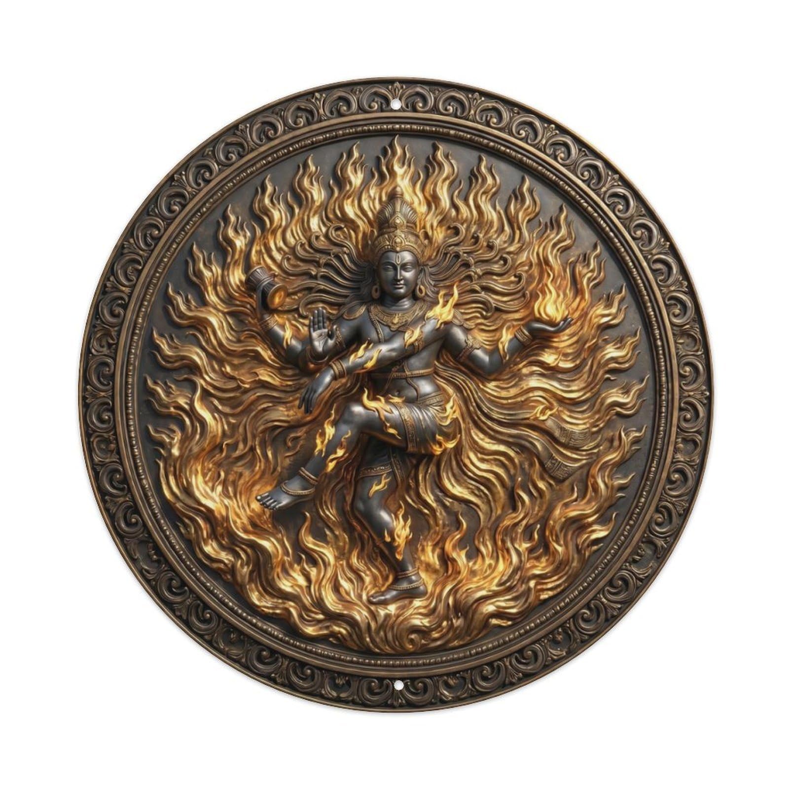Fqcyn Style Hindu Deity Shiva Flames Surrounding Destruction Fire Relief Sculpture Metal Tin Sign Plaque Wall Decor For Cafe, Club Bar, Office, Home Garden Round Metal Poster 8X8inch