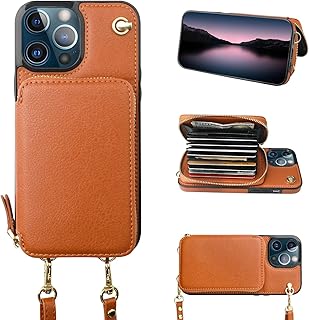 Bocasal Crossbody Wallet Case for iPhone 13 Pro, RFID Blocking Leather Purse Case with Card Holder, Protective Handbag Flip Cover with Zipper Wrist Strap Lanyard for Women 5G 6.1 Inch (Brown)