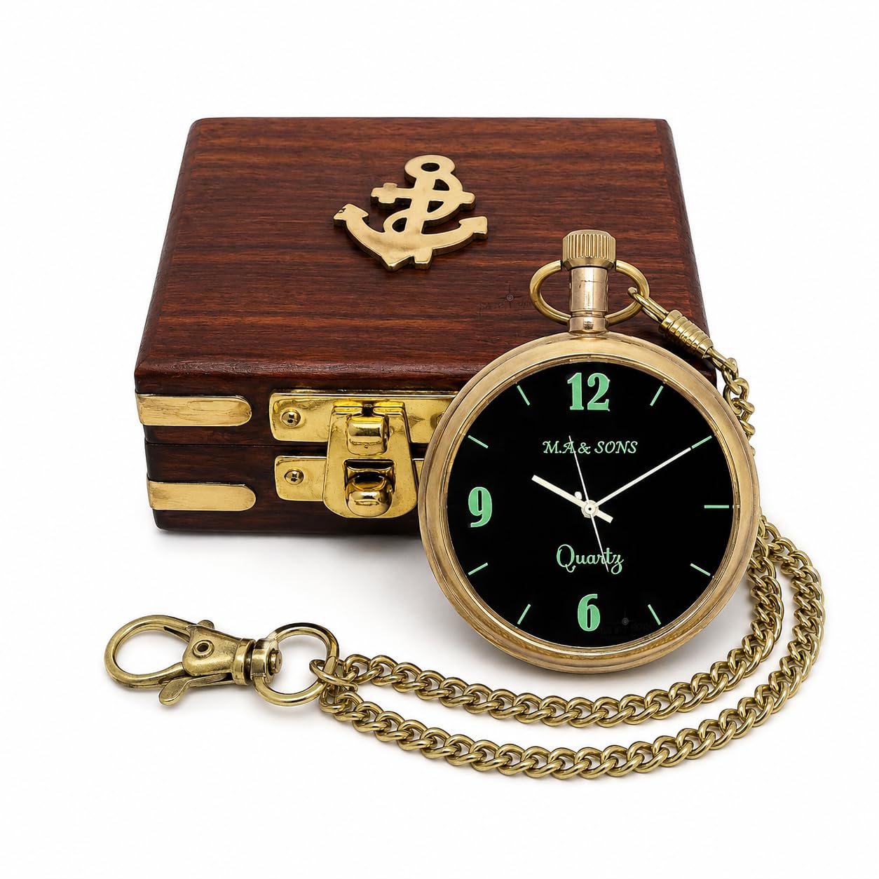 Personalized Brass Pocket Watch with Wooden Gift Box, Custom Color Photo/Text/Quote Backside with Mirror Glossy Finish, Vintage Antique Style Quartz Pocket Watch Gift for Men Women