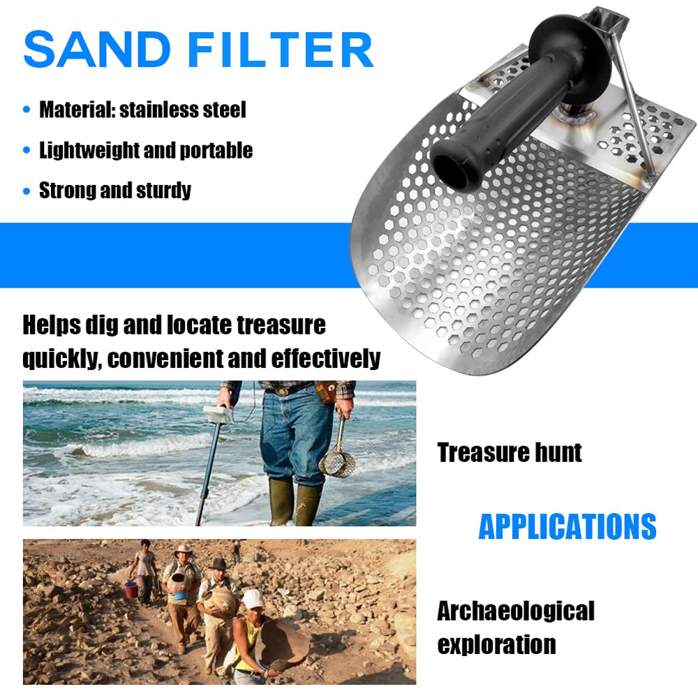 Escavatore di sabbia per metal detector Pala da spiaggia in acciaio inox con manico Metal Detector Pala di sabbia Strumenti di setacciatura e scavo di sabbia da spiaggia antiruggine