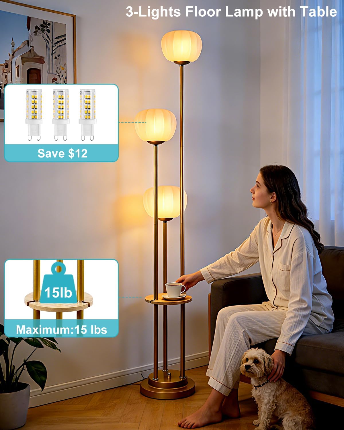 Lightdot Gold Dimmable Floor Lamp with Table, Mid Century Modern Floor Lamps with Pumpkin Lampshade & Bulbs, 3-Light Tall Standing Lamp for Living Room/Bedroom/Sofa Beside/Corner Decor