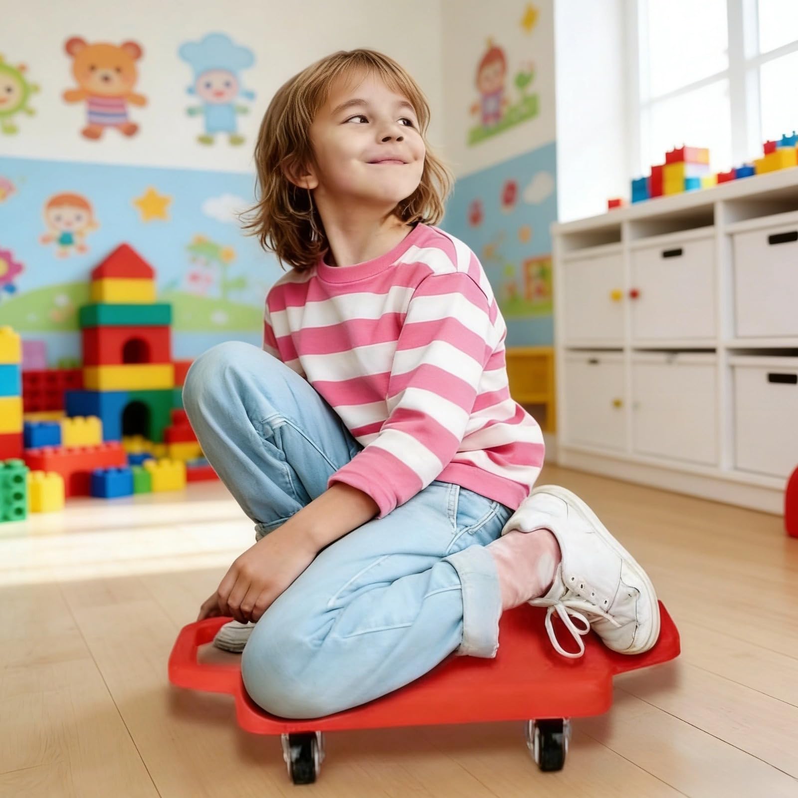 Rotes Scooter-Board, Scooter-Boards für Kinder mit 360°-Rollen aus Kunststoff, Bodensitz-Scooter-Board für Gleichgewicht, Koordinationstraining, frühe Bildung zu Hause, mit Zugseil