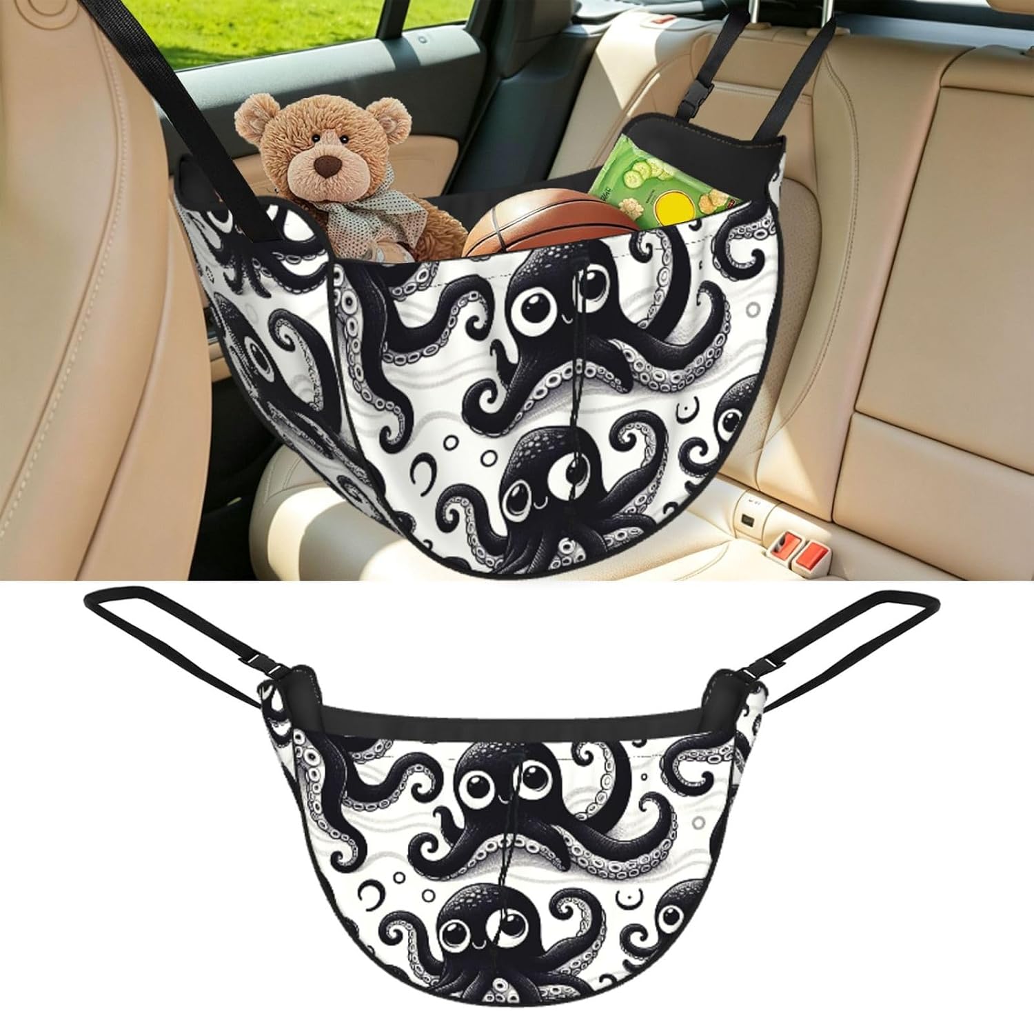 Augenstern Cute-Black-Cartoon-Inkfish Car Backseat Organizer Bag For Road Trips