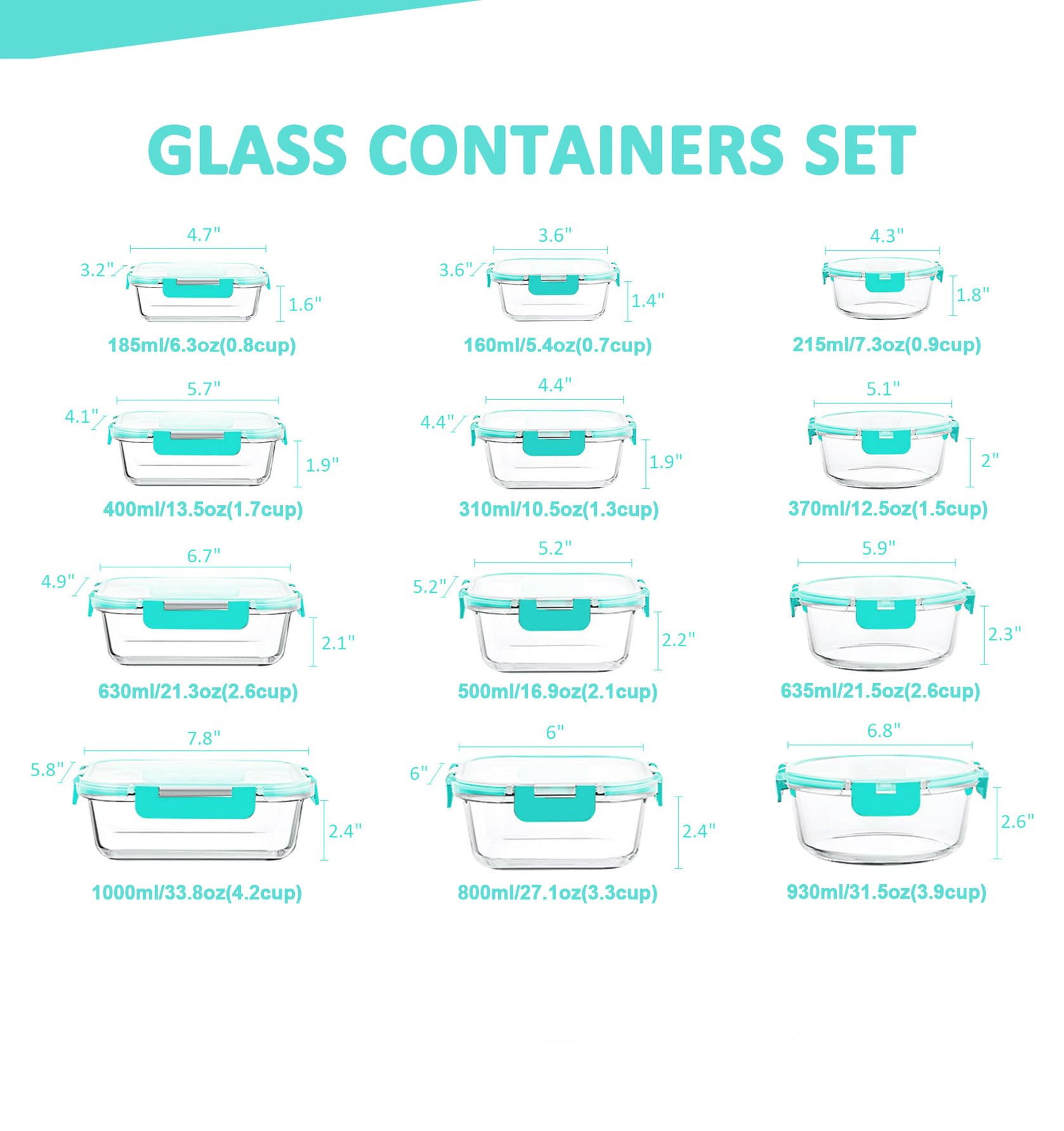 KOMUEE Frischhaltedosen-Set aus Glas, stapelbar, luftdicht, mit Deckel, geeignet für Gefrierschrank und Ofen, Grün, 24-teilig