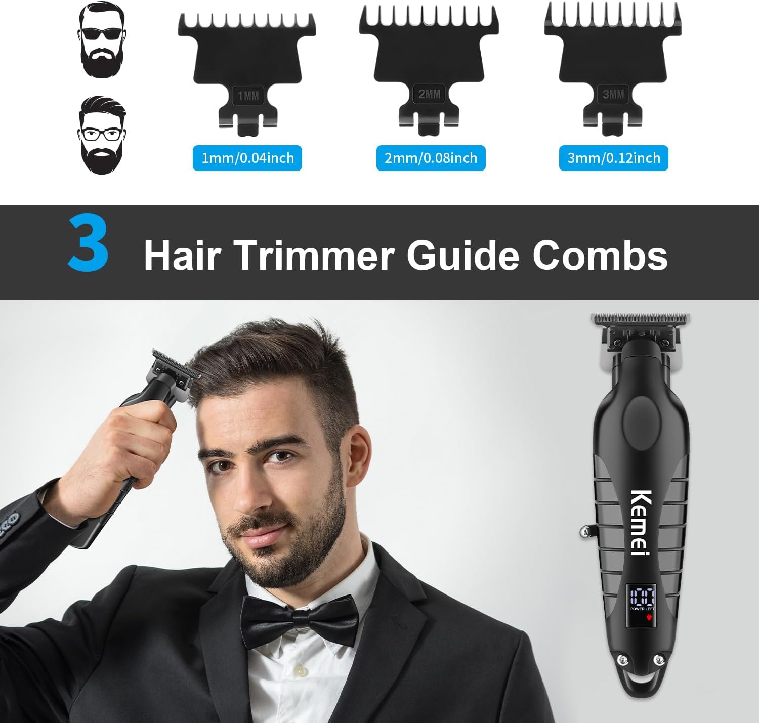 KEMEI Trimmer Professional Cordless Hair Clipper for Men Electric Beard Trimmers Barber Hair Cuttings Kit, Zero Gapped T Blade Trimmers with LCD Display, KM-2293, Black - Image 5