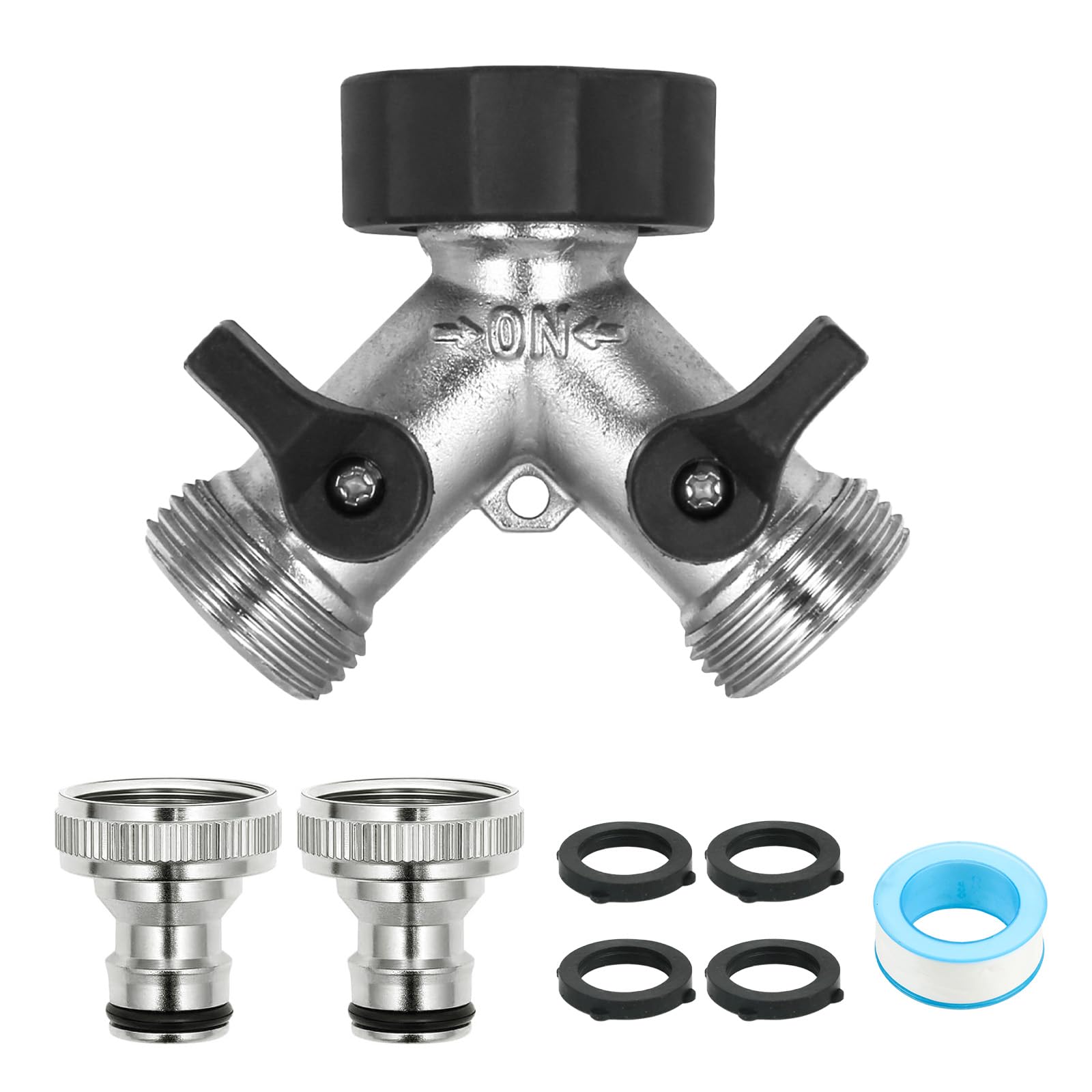Garden Hose Splitter 2 Way, 3/4" Hose Connector Double Outlet Garden Tap Splitter, Y-Type Brass Hose Connector with Individual On/Off and 2 Quick Connectors for Outdoor Car Washing