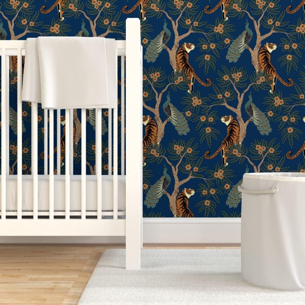 Spoonflower Removable Wallpaper 3ft x 2ft - Bird Asian Flowers Floral Chinese Tree Animals Tiger Peacock Blue Custom Pre-Pasted Wallpaper
