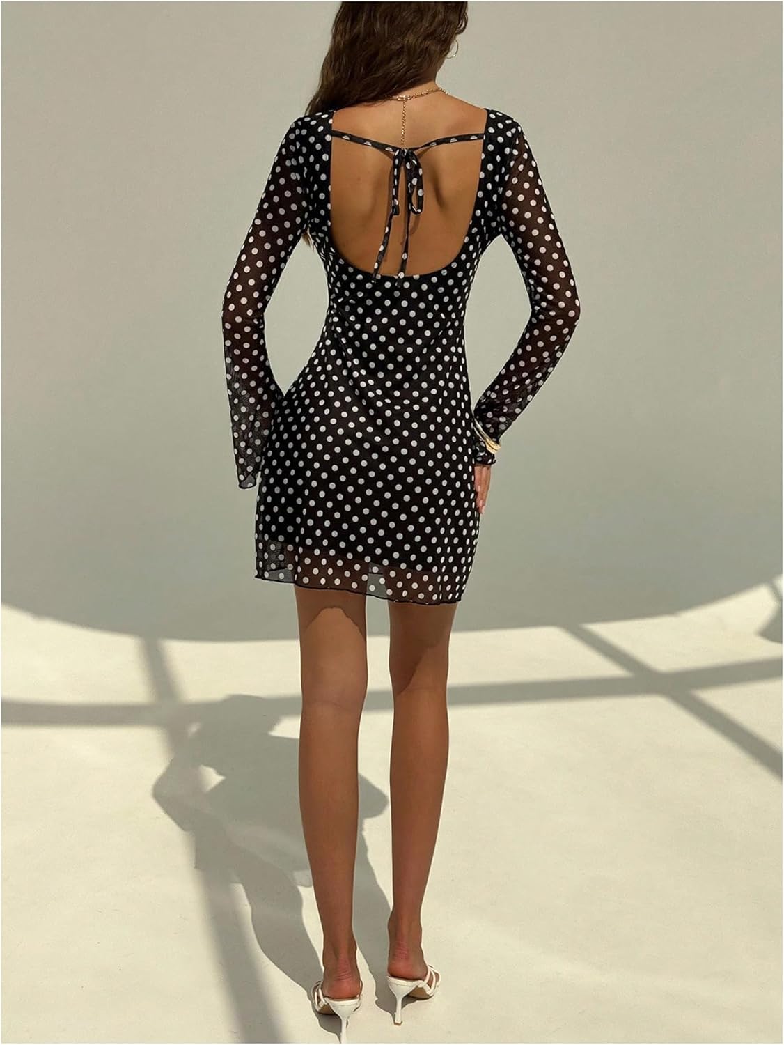 MakeMeChic Women's Mesh Polka Dots Mini Dress Tie Open Back Long Sleeve Dresses - Image 5