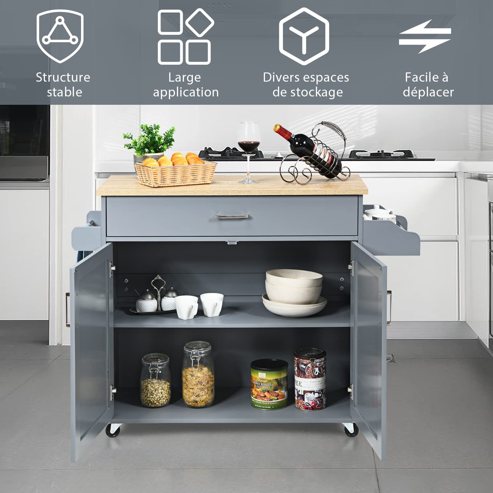 COSTWAY Dessert de Cuisine à roulettes Verrouillables, Ilot Central Cuisine Étagère Réglable sur 3 Niveaux, Grand Placard, Tiroir, Porte-épices et Porte-Serviettes, 40 x 116 x 85 cm (Gris)