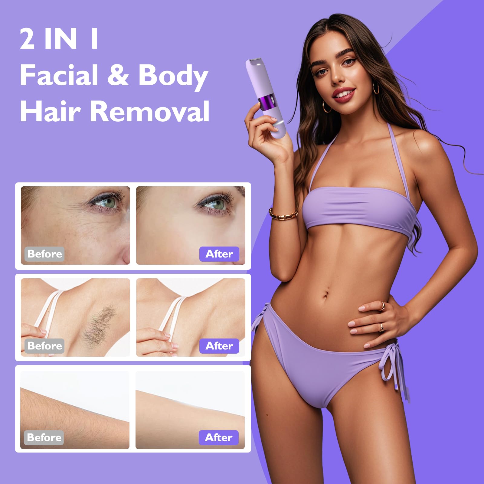 Tondeuse de bikini pour femme, rasoir électrique à double tête, tondeuse à poils pubiens avec étanchéité IPX7 et facile à nettoyer, rasoir rechargeable indolore Silk Glide Pro pour aisselles, jambes