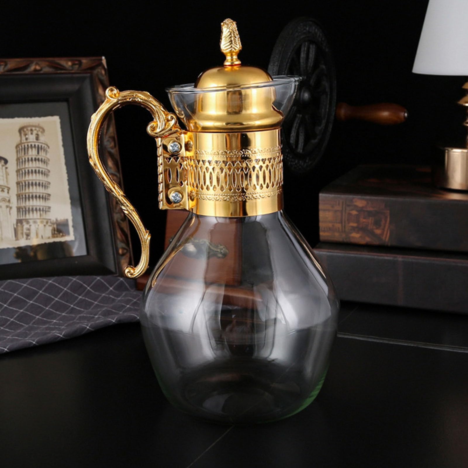 Glas-Set, Glas-Kaffeekanne, Glas- mit Stövchen, türkische, Vintage-Stil, Teekessel, klare Glas- mit Deckel und Tasse (Gold)