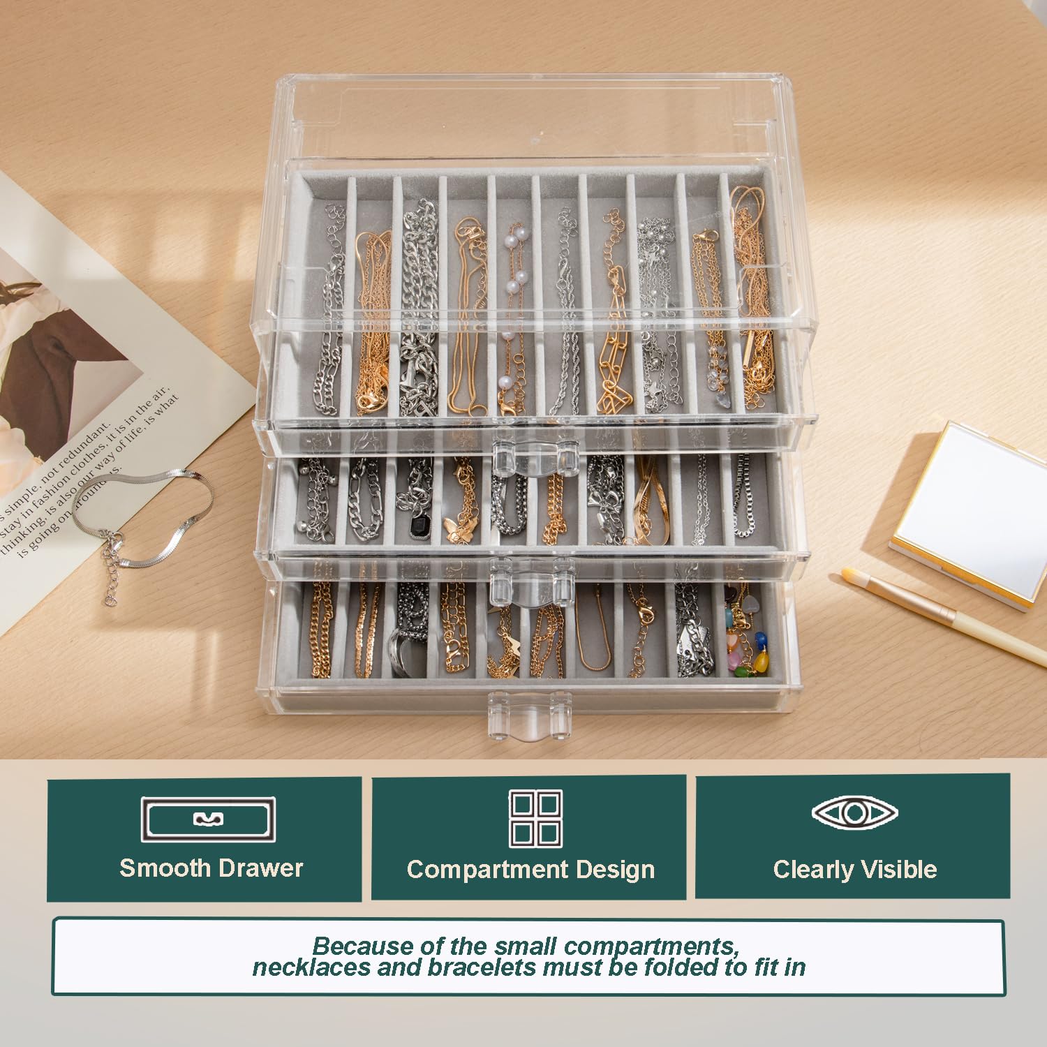 YUFONG Armband-Organizer-Box, staubdicht, Armbandhalter, Organizer, transparent, stapelbar, Schmuckbox aus Samt, Schmuck-Displays für Ketten, Armbänder, Anhänger (Grau, 3 Schubladen)