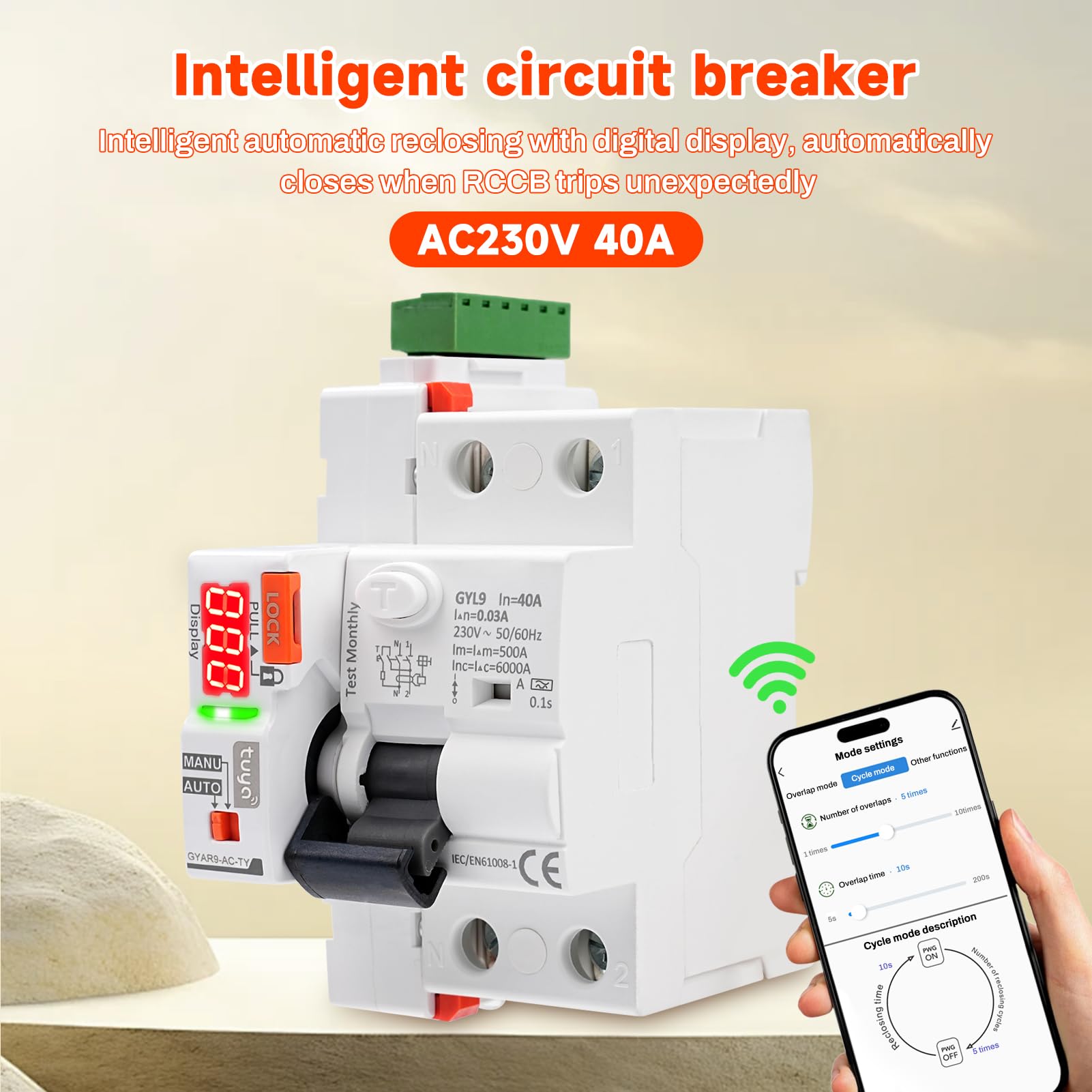 Jadeshay Interruttore Differenziale 30mA 40A Salvavita con Riarmo Automatico WiFi Magnetotermico Differenziale Tipo A Controllo Remoto Tramite Tuya sul Cellulare o Manuale,230V con Display LED