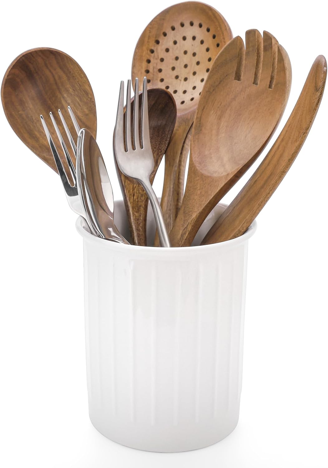 Ceramic Utensil Holder 4"*5.12" for Countertop Small Utensil Crock for Kitchen Counter Cooking Utensil Organizer for Spoon & Spatula(White)