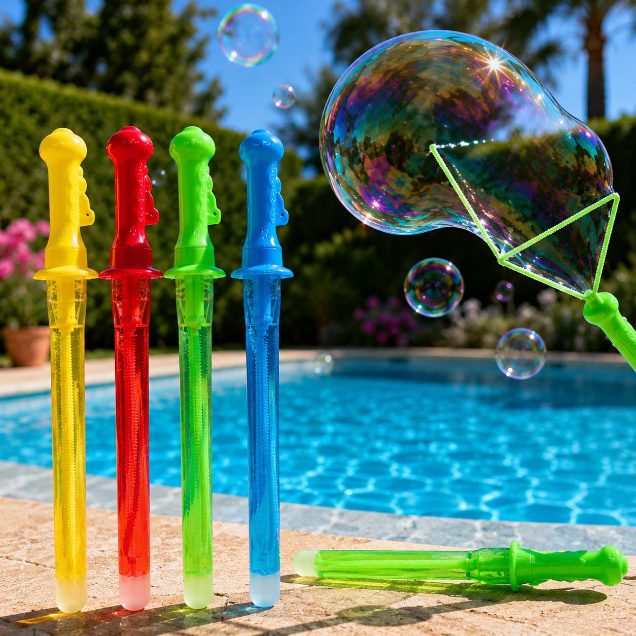 Confezione da 16 bacchette per bolle grandi, 45 cm, con 100 ml di soluzione, 4 colori assortiti per bambini, compleanni e giochi all'aperto