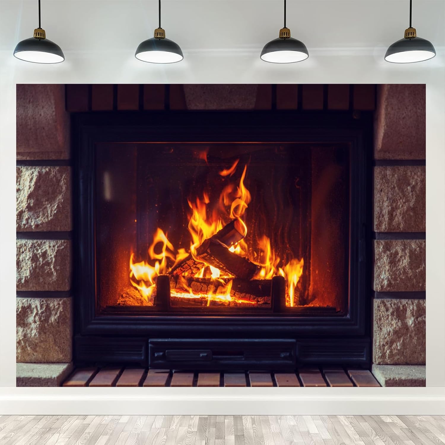 Christmas Fireplace Backdrop 5x3ft Brick Fireplace Wall Fire Flame Burning Firewoods Background for Winter Festival,Christmas, Holiday,New Year,Birthday Party Decor Photo Booth Props - Image 2