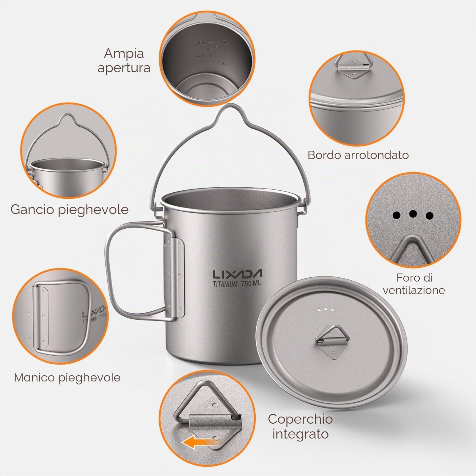 Lixada Campeggio Cucina,3 Pezzi Set di pentole Titanium 750 ml Pot, 420ML Cup Water Mug con Coperchio, Manico Pieghevole Pieghevole Spork per Outdoor Campeggio, 750ML Pot