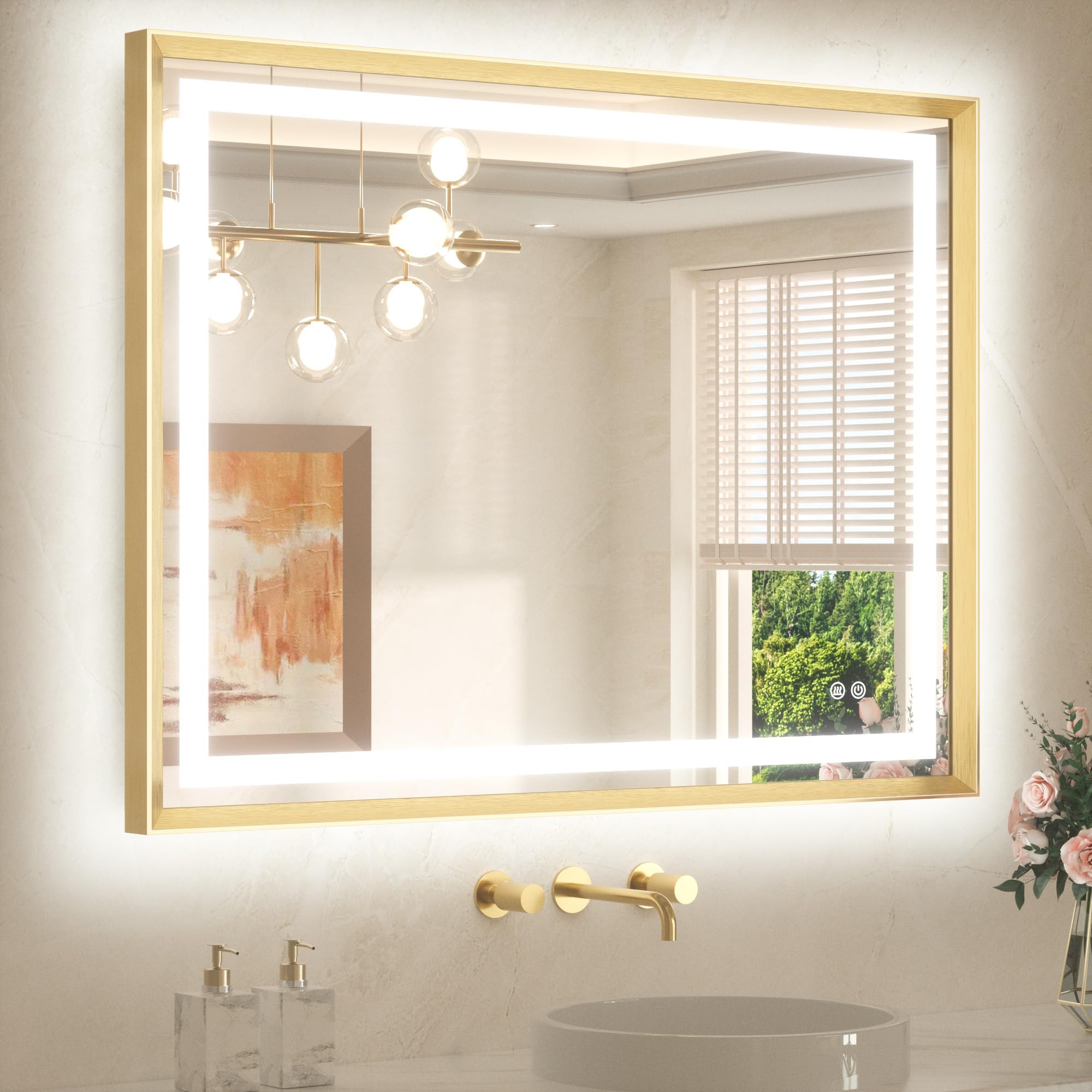 TETOTE 40 x 32 Led Mirror Brushed Gold Metal Frame Frontlit &amp; Backlit Vanity Mirror Anti-Fog Stepless Dimmable 3 Colors White/Warm/Natural Wall Mirror with Lights Wall-Mounted