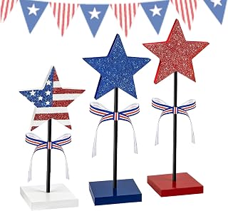 Centro de mesa del 4 de julio, pieza central del 4 de julio - Bloque de estrellas de pie de 3X de alto | Decoraciones de y azul rojo para el Día de la Independencia, adorno de escritorio, favores de f