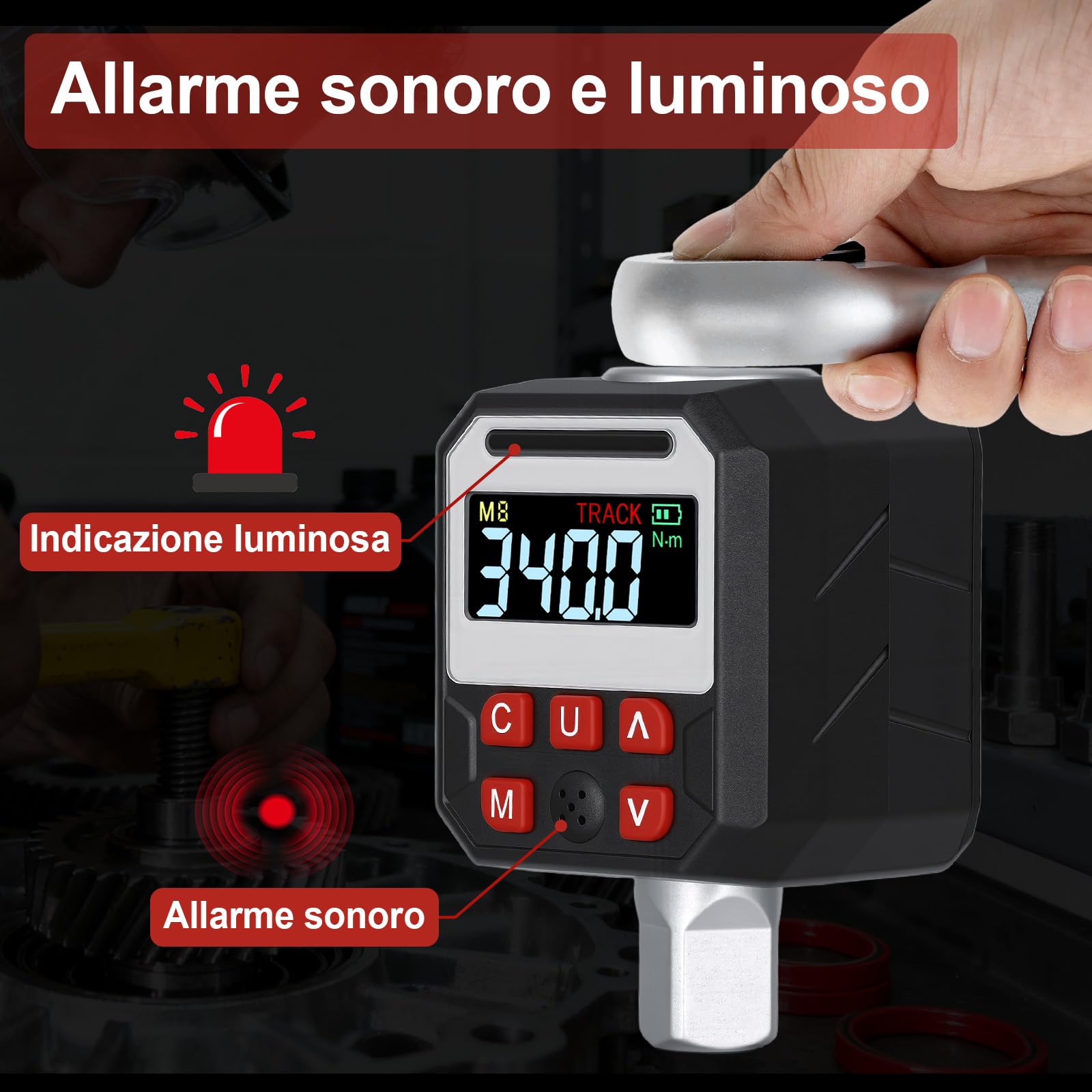 Adattatore Chiave Dinamometrica Digitale, 1/2" Chiave a Coppia Momento con Precisione ±2%, Display LED e Suoneria, Inclusi Adattatori 3/8" e 1/4", per Bici, Moto e Auto (17-340Nm)