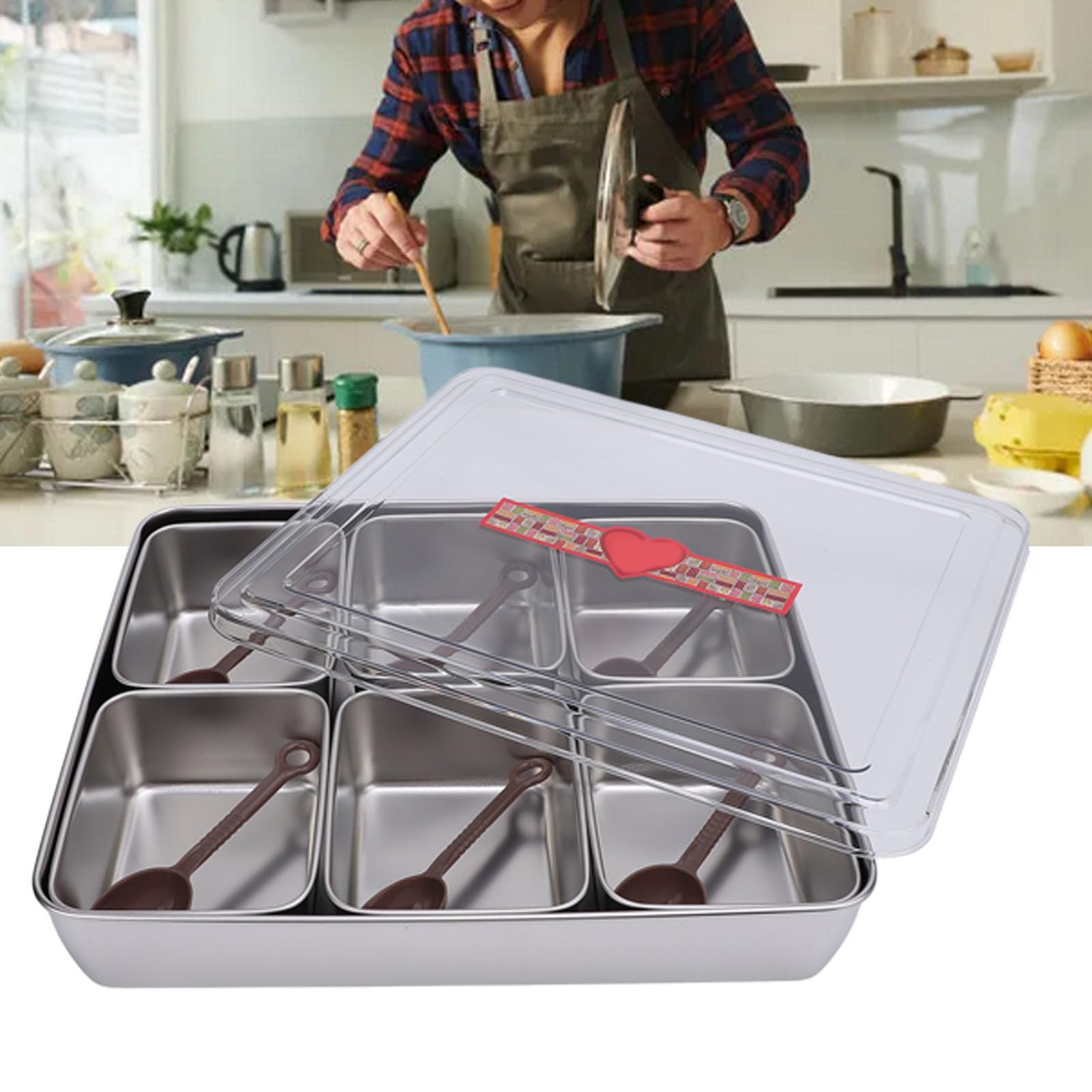 Bandeja para servir dividida con 6 cucharas, 6 compartimentos, caja de condimentos dividida de gran capacidad para fruta (Estilo de acero inoxidable)